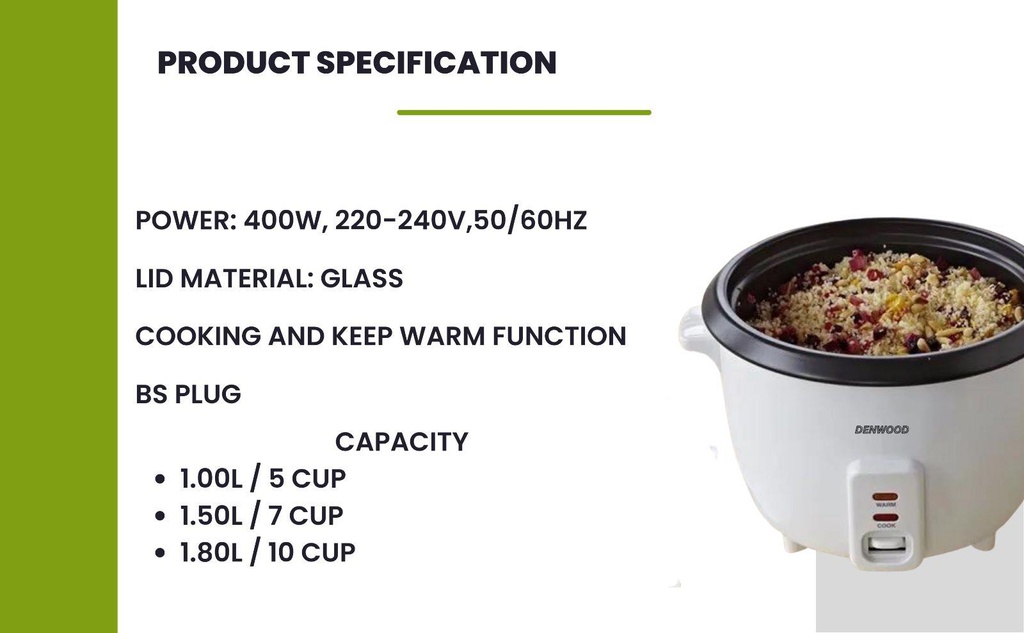 1.8L Rice Cooker - NON STICK AUTOMATIC ELECTRIC COOKER  700W