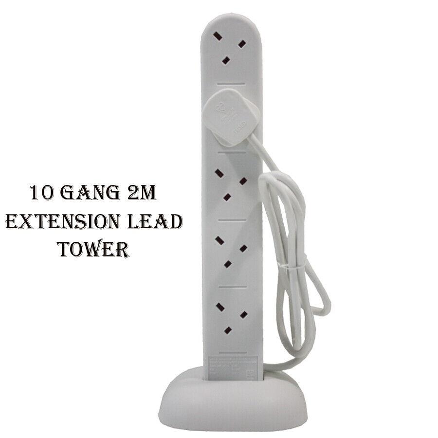 10 Gang 2m Tower Power Extension Socket Plug With 2 USB Port