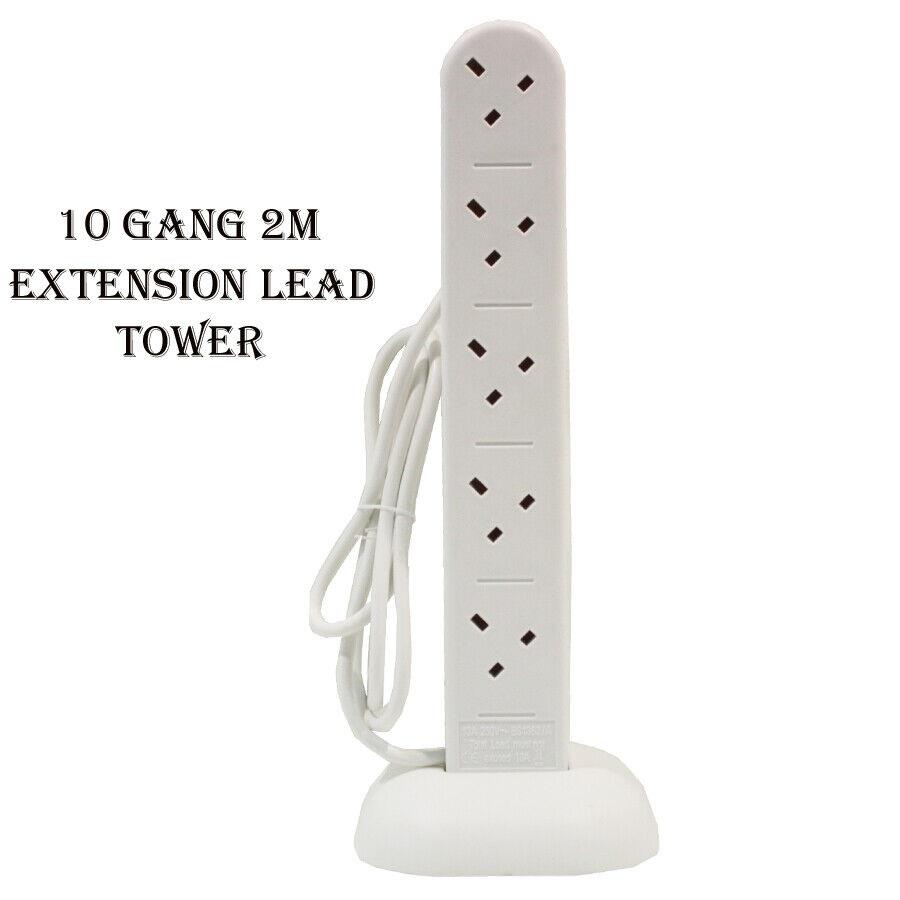 10 Gang 2m Tower Power Extension Socket Plug With 2 USB Port