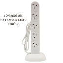 10 Gang 2m Tower Power Extension Socket Plug With 2 USB Port