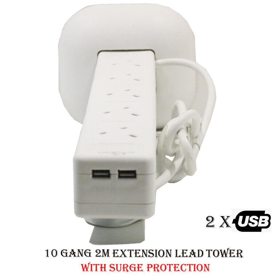 10 Gang 2m Tower Power Extension Socket Plug With 2 USB Port