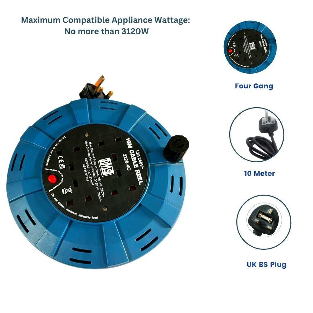 10 Meter - CASET REEL - 4 Way Gang Mains Socket with 10M Extension Lead Reel Power Cable