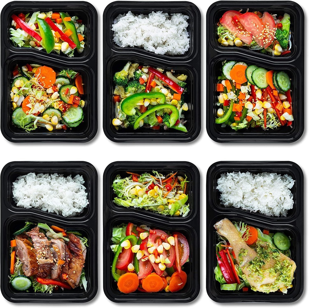 10 PACK -  2 Compartment Meal Prep Containers - Reusable BPA Free Plastic Food Storage Trays 32OZ