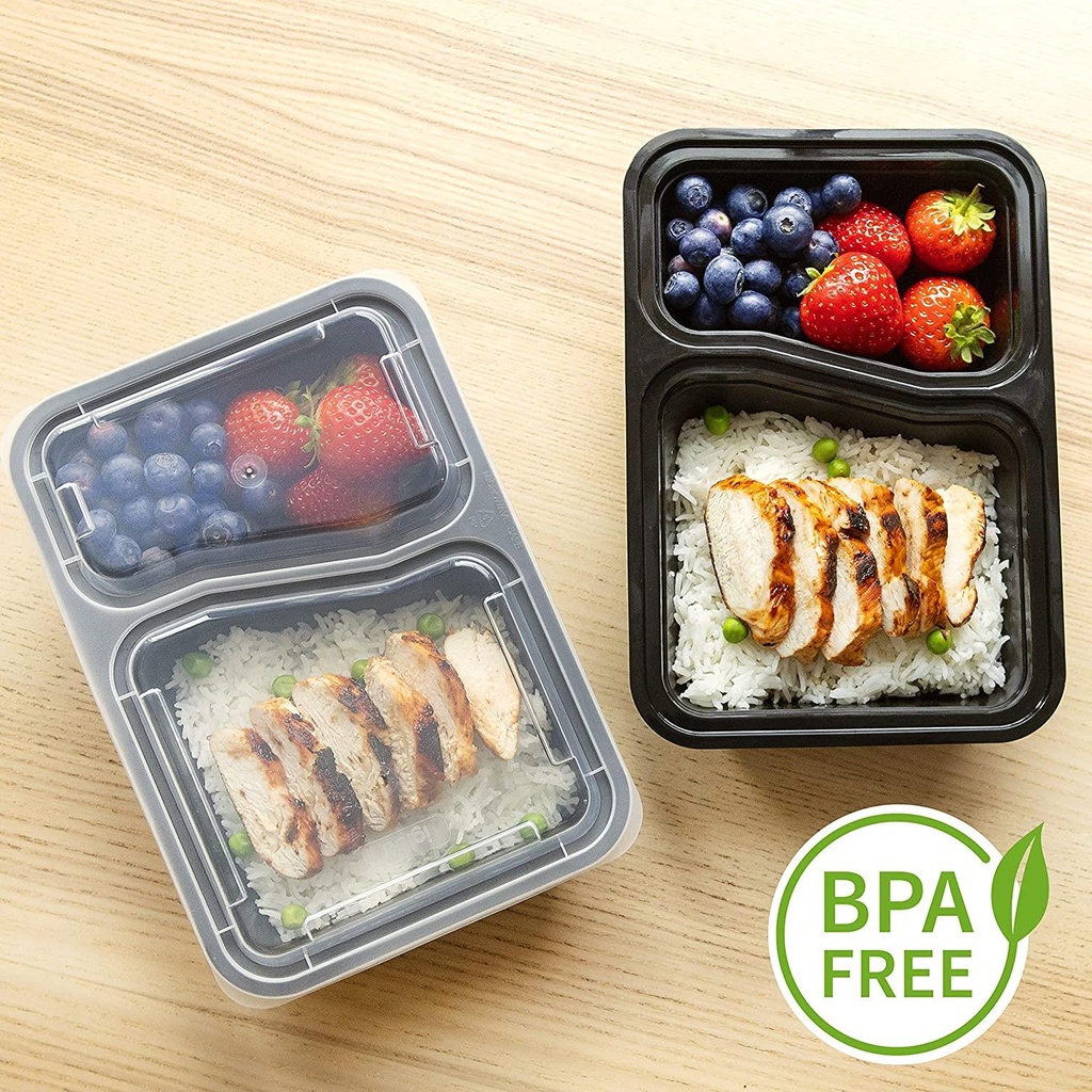 10 PACK -  2 Compartment Meal Prep Containers - Reusable BPA Free Plastic Food Storage Trays 32OZ