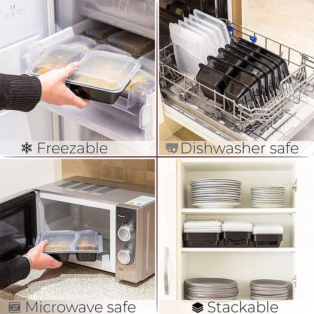 10 PACK -  2 Compartment Meal Prep Containers - Reusable BPA Free Plastic Food Storage Trays 32OZ