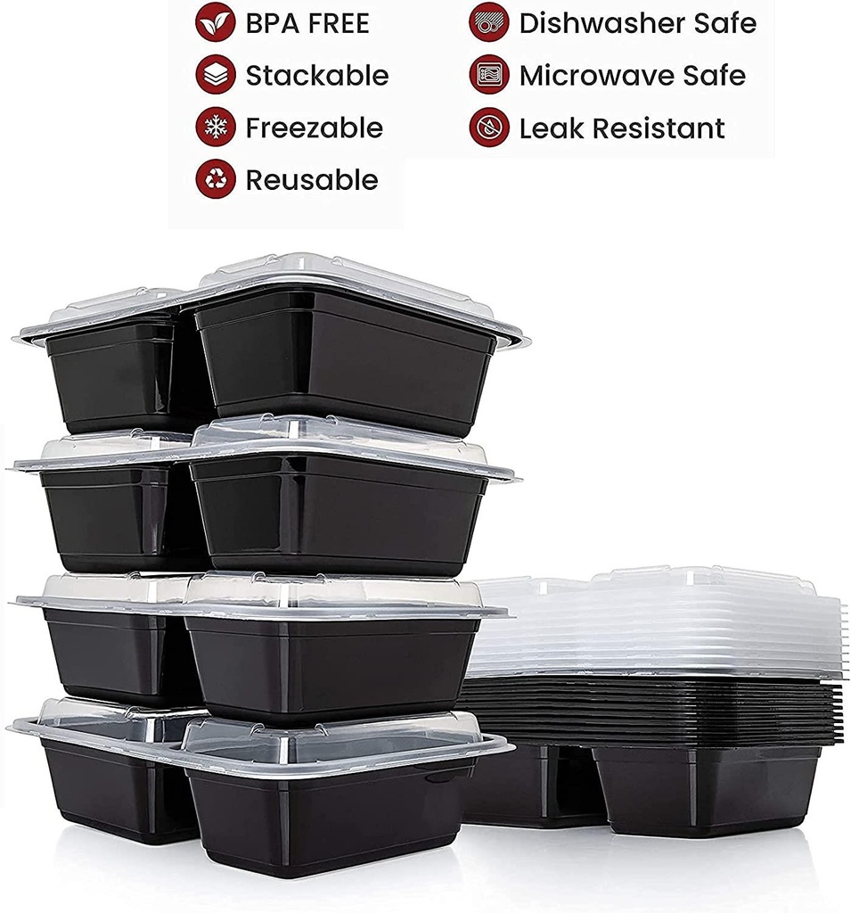 10 PACK -  2 Compartment Meal Prep Containers - Reusable BPA Free Plastic Food Storage Trays 32OZ
