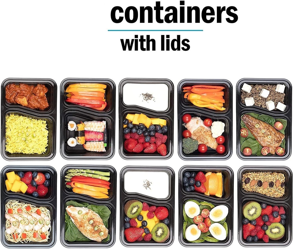 10 PACK -  2 Compartment Meal Prep Containers - Reusable BPA Free Plastic Food Storage Trays 32OZ