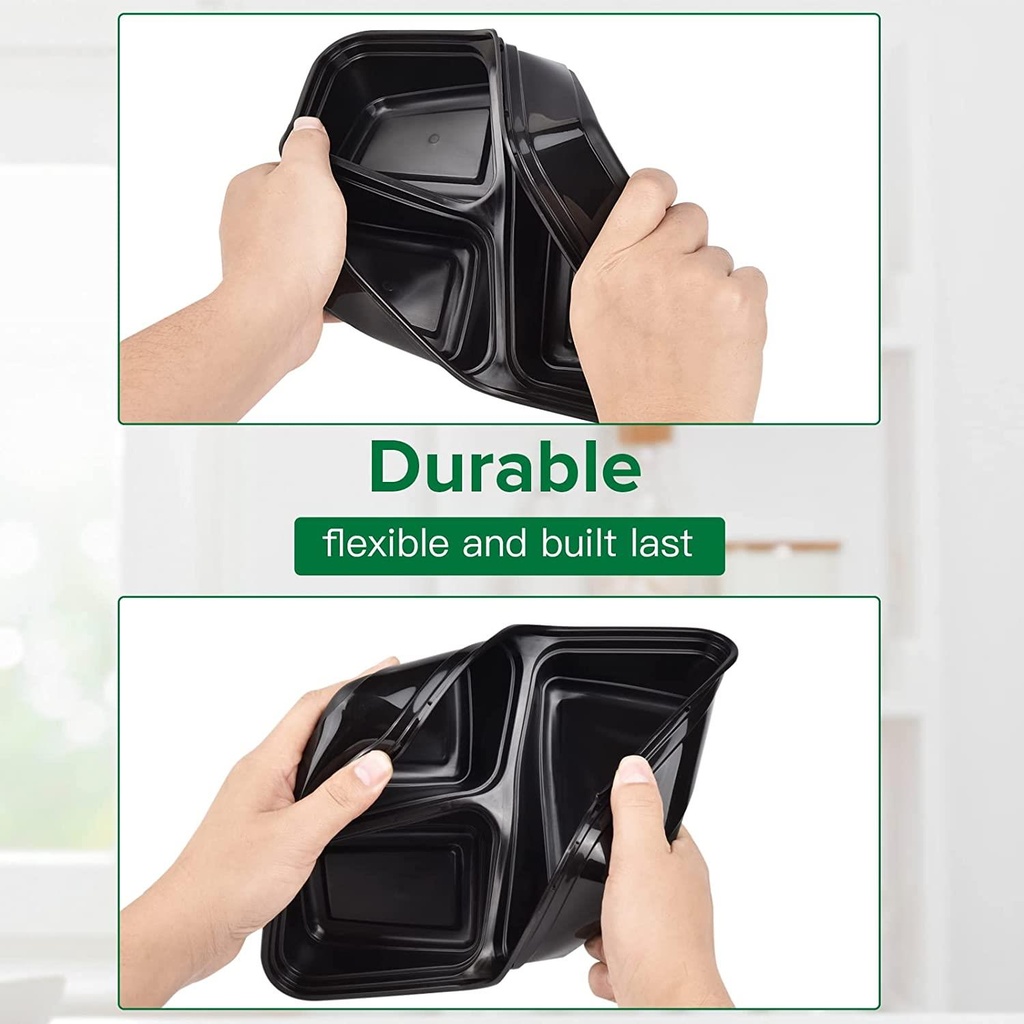 10 PACK 3 Compartment Meal Prep Container Plastic Food Storage Trays