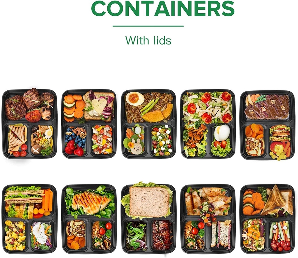 10 PACK 3 Compartment Meal Prep Container Plastic Food Storage Trays