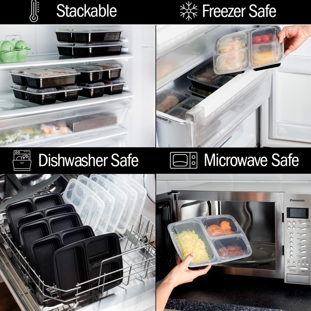 10 PACK 3 Compartment Meal Prep Container Plastic Food Storage Trays