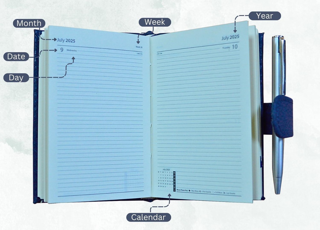 2025 Page a Day A7 Diary Soft Leather Feel Pocket Size Journal With Pen