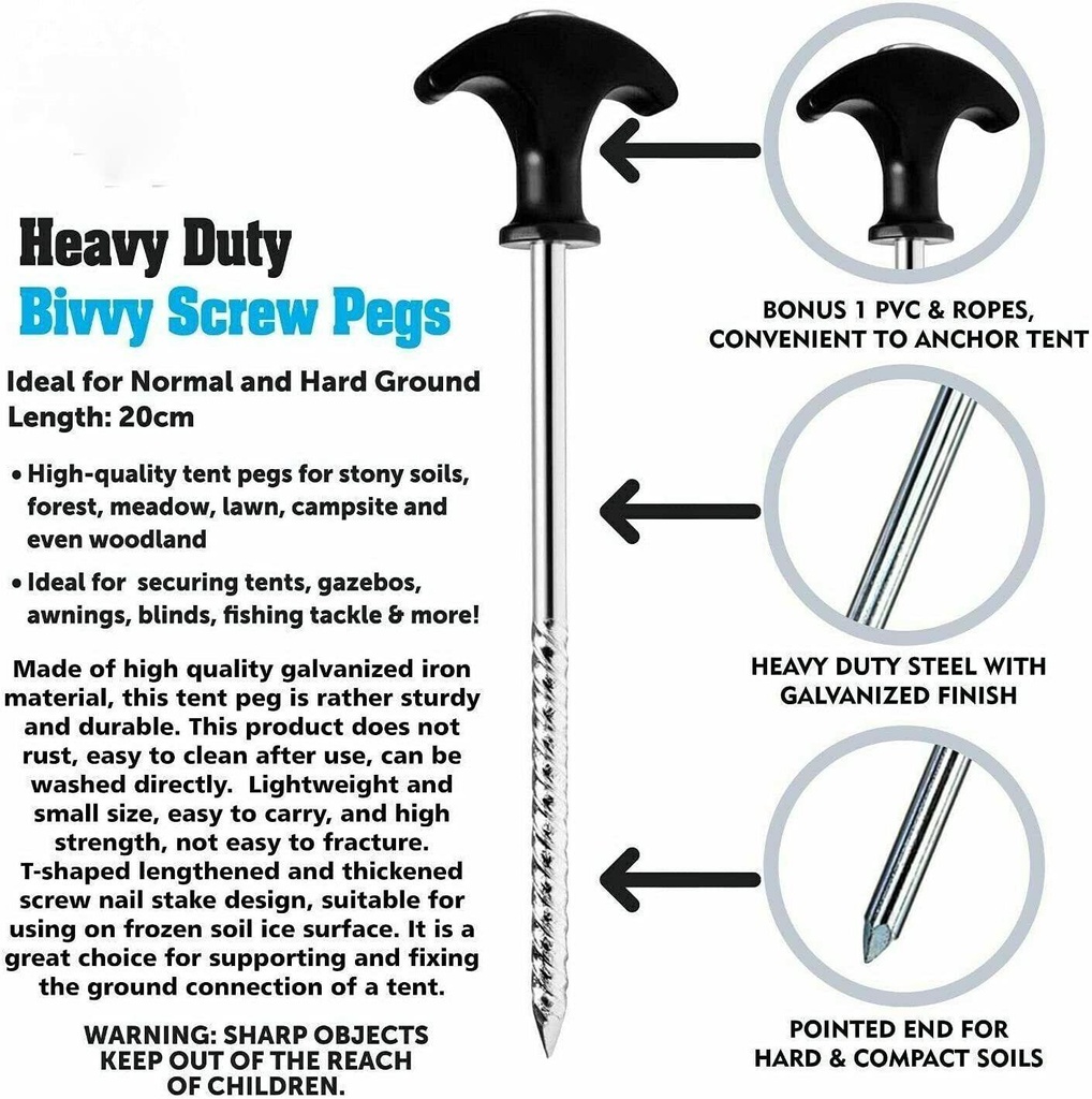 10PK SPIRAL THREAD TENT PEGS SCREW GROUND STAKE