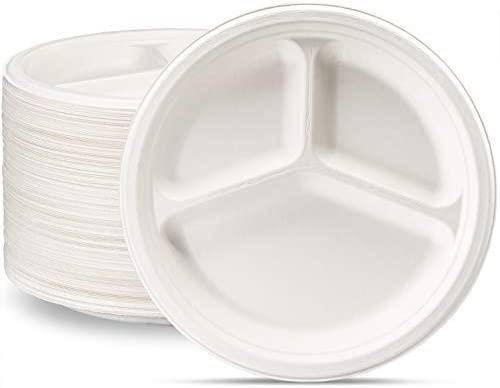 100pc Deluxe 9'' 3 Compartment Round Plastic Plates