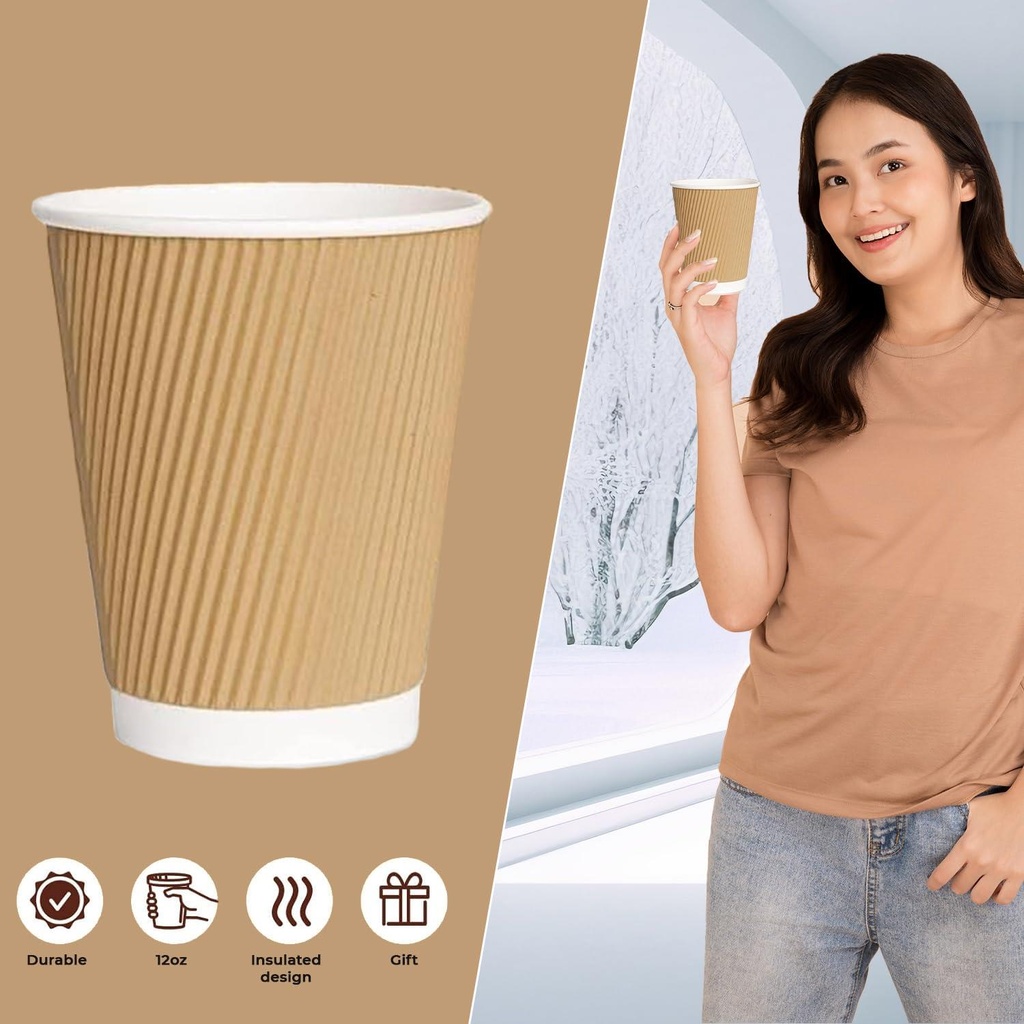 100 X 12oz Disposable Kraft Ripple Paper Cups Insulated Brown Paper Cups