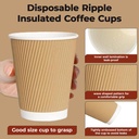 100 X 12oz Disposable Kraft Ripple Paper Cups Insulated Brown Paper Cups