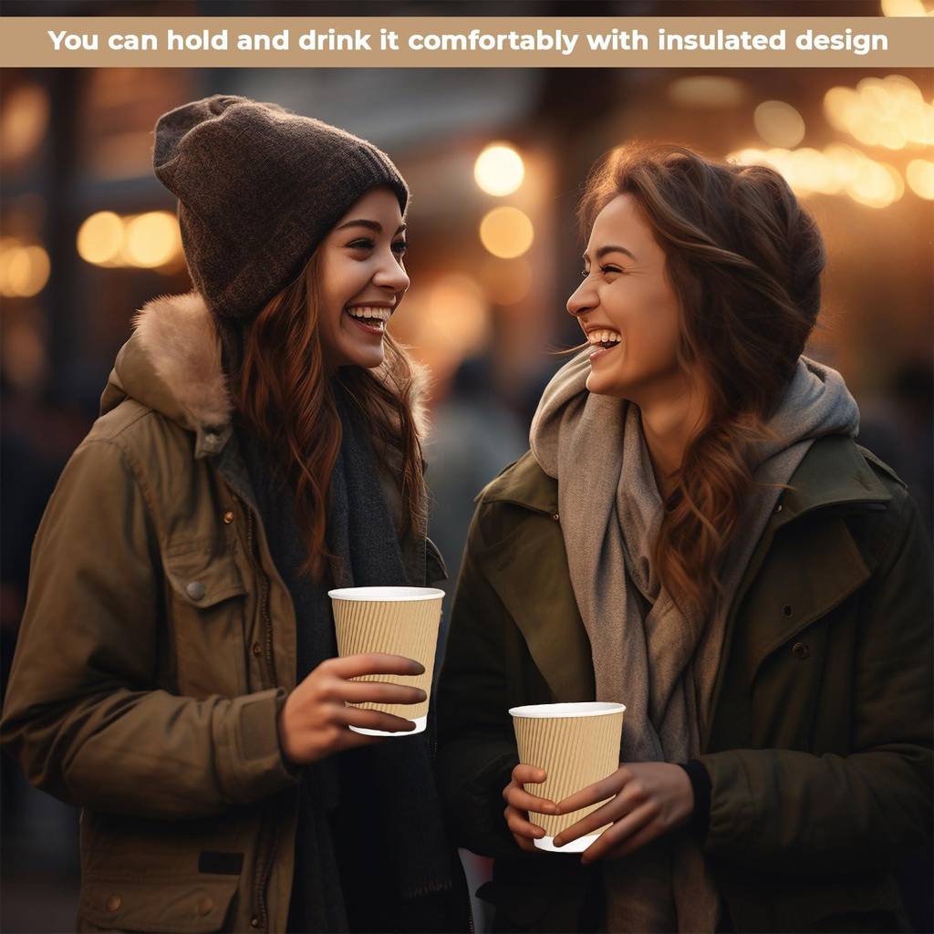 100 X 12oz Disposable Kraft Ripple Paper Cups Insulated Brown Paper Cups