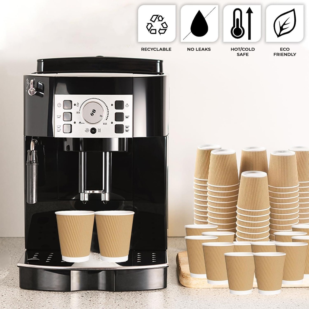 100 X 12oz Disposable Kraft Ripple Paper Cups Insulated Brown Paper Cups