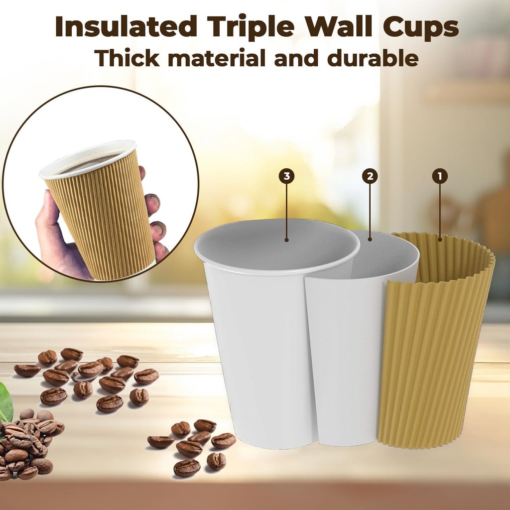 1000 X 12oz Disposable Kraft Ripple Paper Cups  Insulated Brown Paper Cups