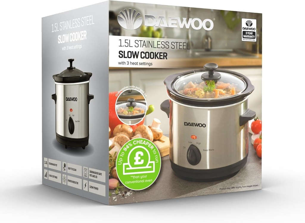 1.5L Slow Cooker Stainless Steel Small Slow Cooker Glass Lid 3 Heat Settings New