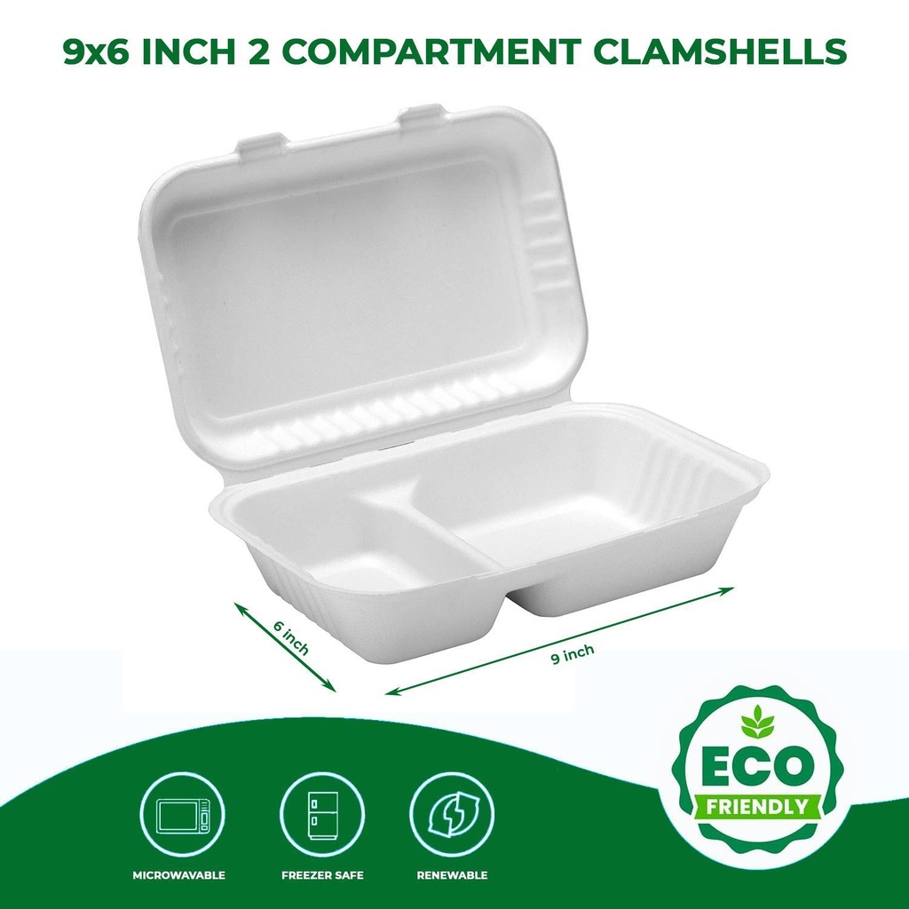 100 PACK  2 Compartment Bagasse Clamshell Takeaway Boxes