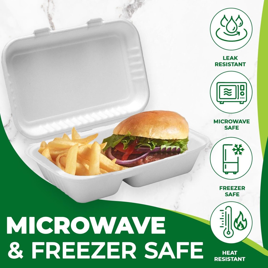 100 PACK  2 Compartment Bagasse Clamshell Takeaway Boxes