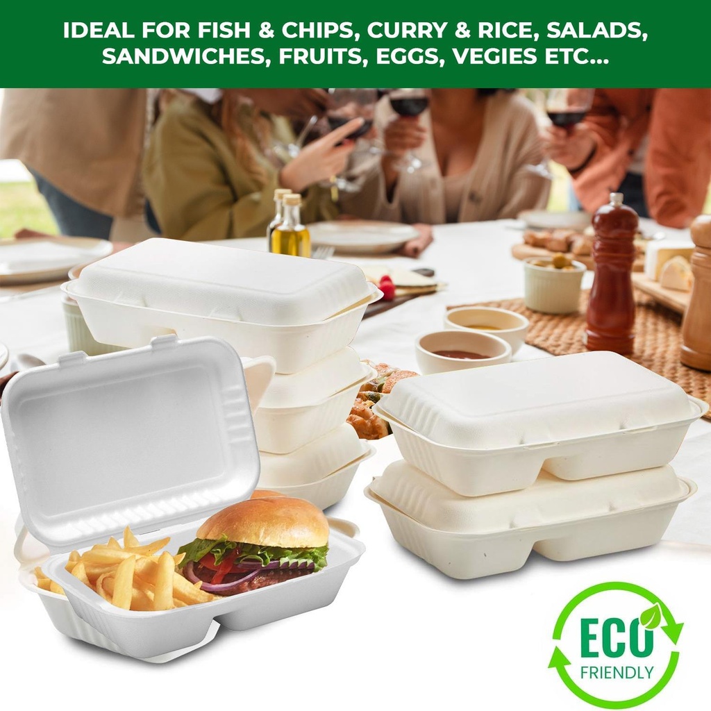 100 PACK  2 Compartment Bagasse Clamshell Takeaway Boxes