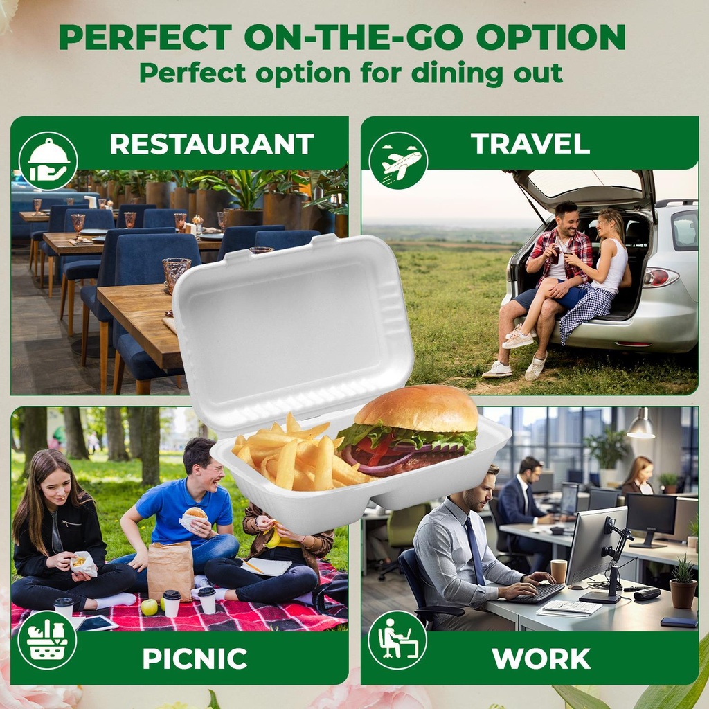 100 PACK  2 Compartment Bagasse Clamshell Takeaway Boxes