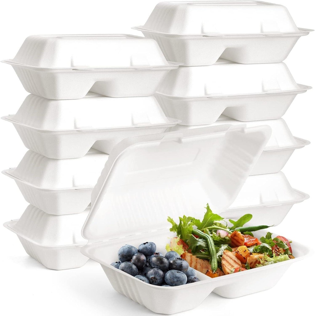 100 PACK  2 Compartment Bagasse Clamshell Takeaway Boxes