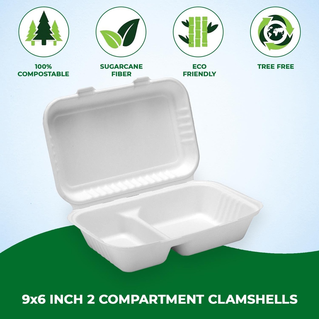 100 PACK  2 Compartment Bagasse Clamshell Takeaway Boxes