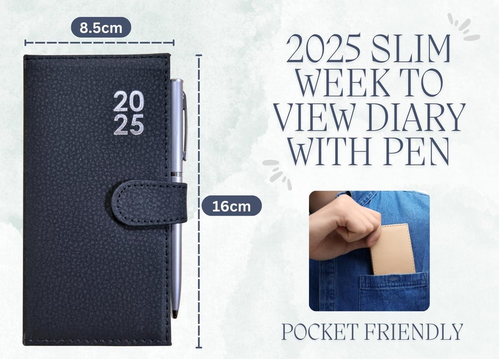 2025 Week To View Premium Padded Slim Pocket Diary Stud Close Diary With Pen