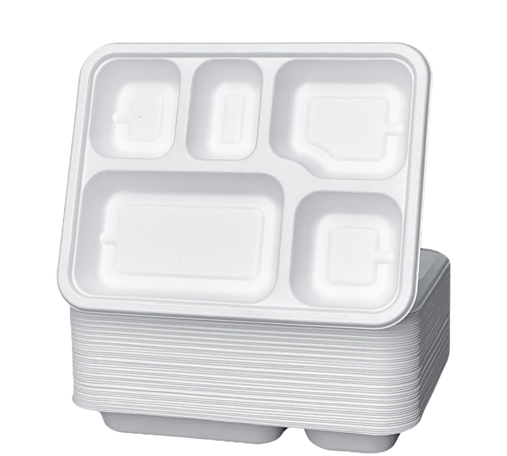 100 X BAGASSE 5 Compartment FOOD PLAT TRAY - 27 X 22CM