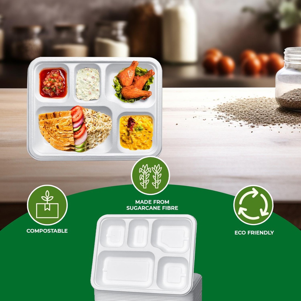 100 X BAGASSE 5 Compartment FOOD PLAT TRAY - 27 X 22CM