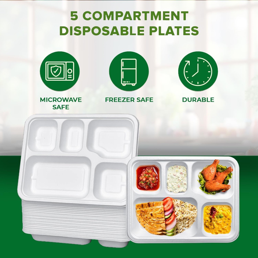 100 X BAGASSE 5 Compartment FOOD PLAT TRAY - 27 X 22CM