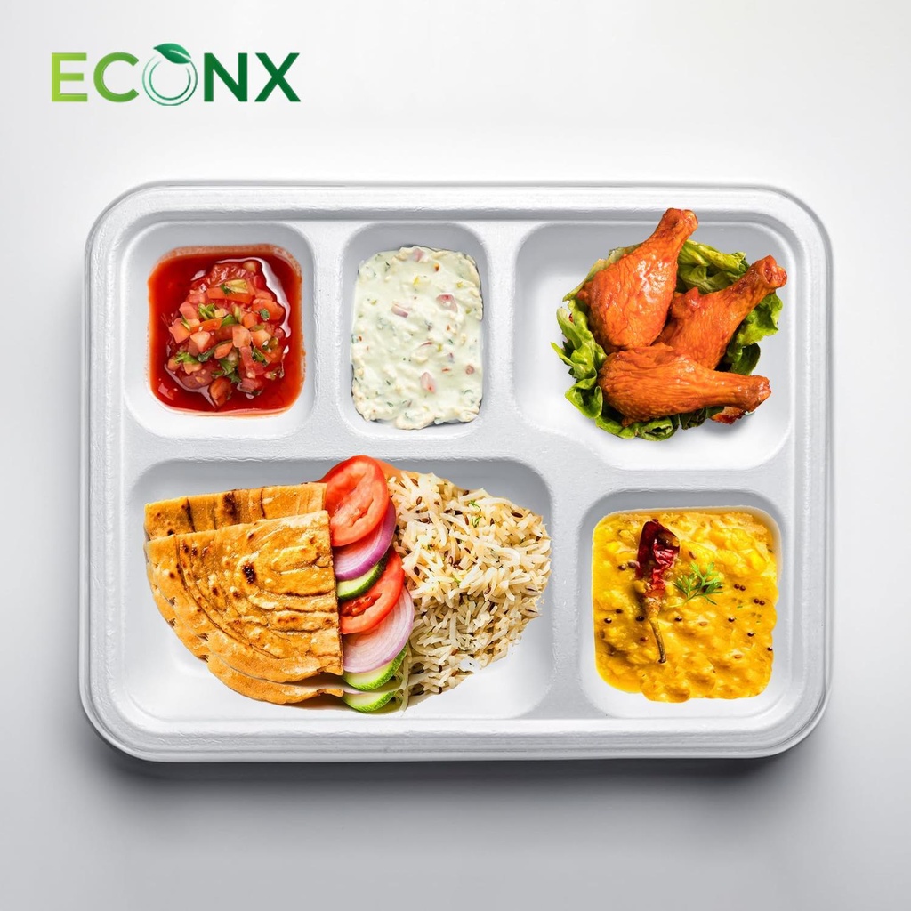 100 X BAGASSE 5 Compartment FOOD PLAT TRAY - 27 X 22CM