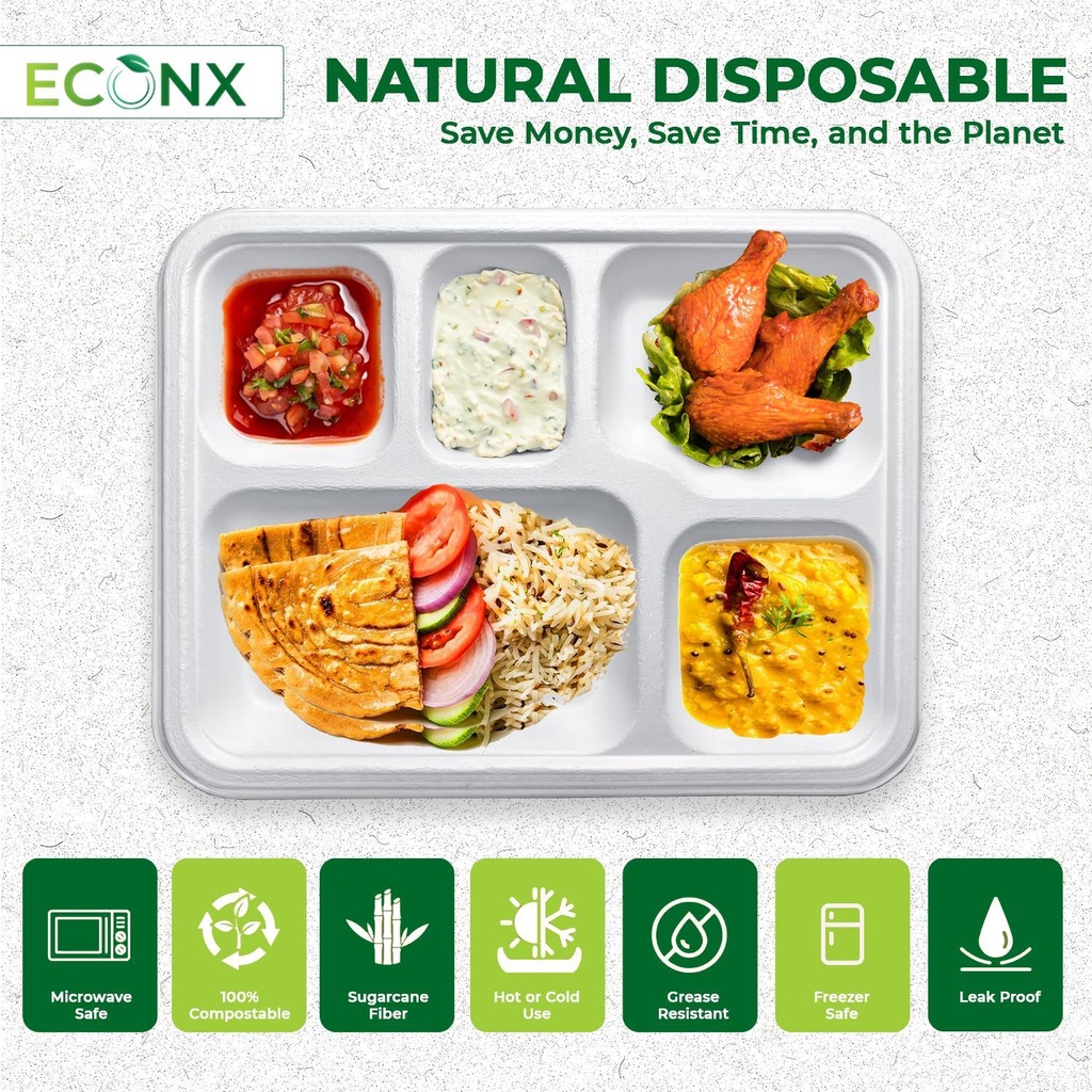 100 X BAGASSE 5 Compartment FOOD PLAT TRAY - 27 X 22CM