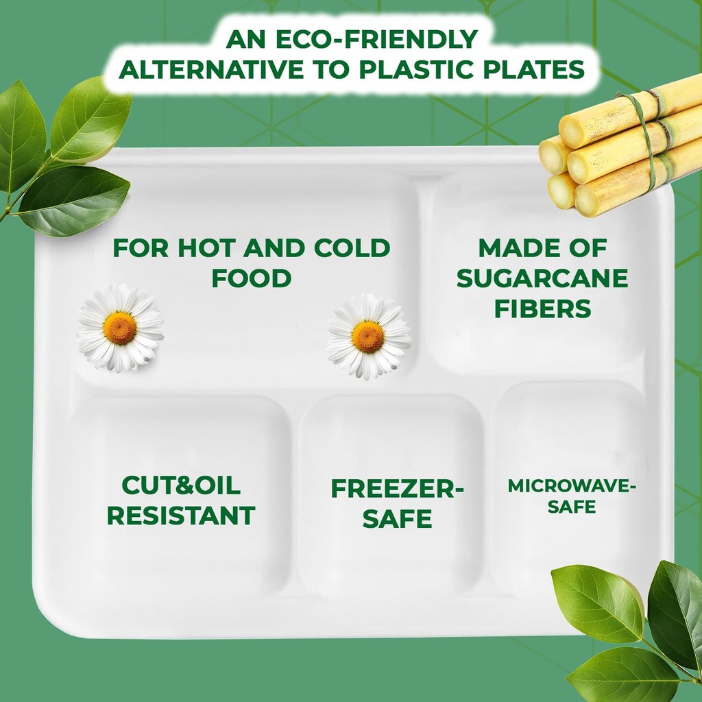 100 X BAGASSE 5 Compartment FOOD PLAT TRAY - 27 X 22CM