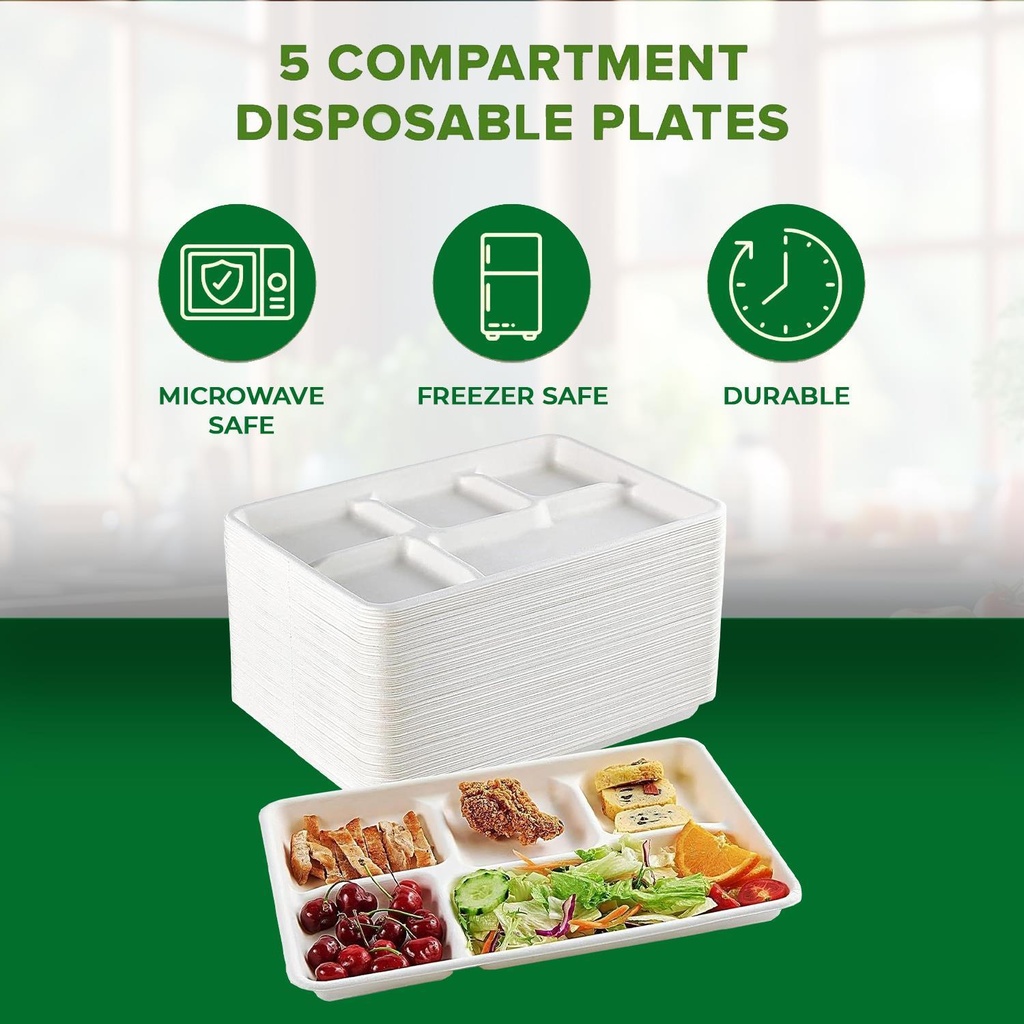 100 X BAGASSE 5 Compartment FOOD PLAT TRAY - 27 X 22CM