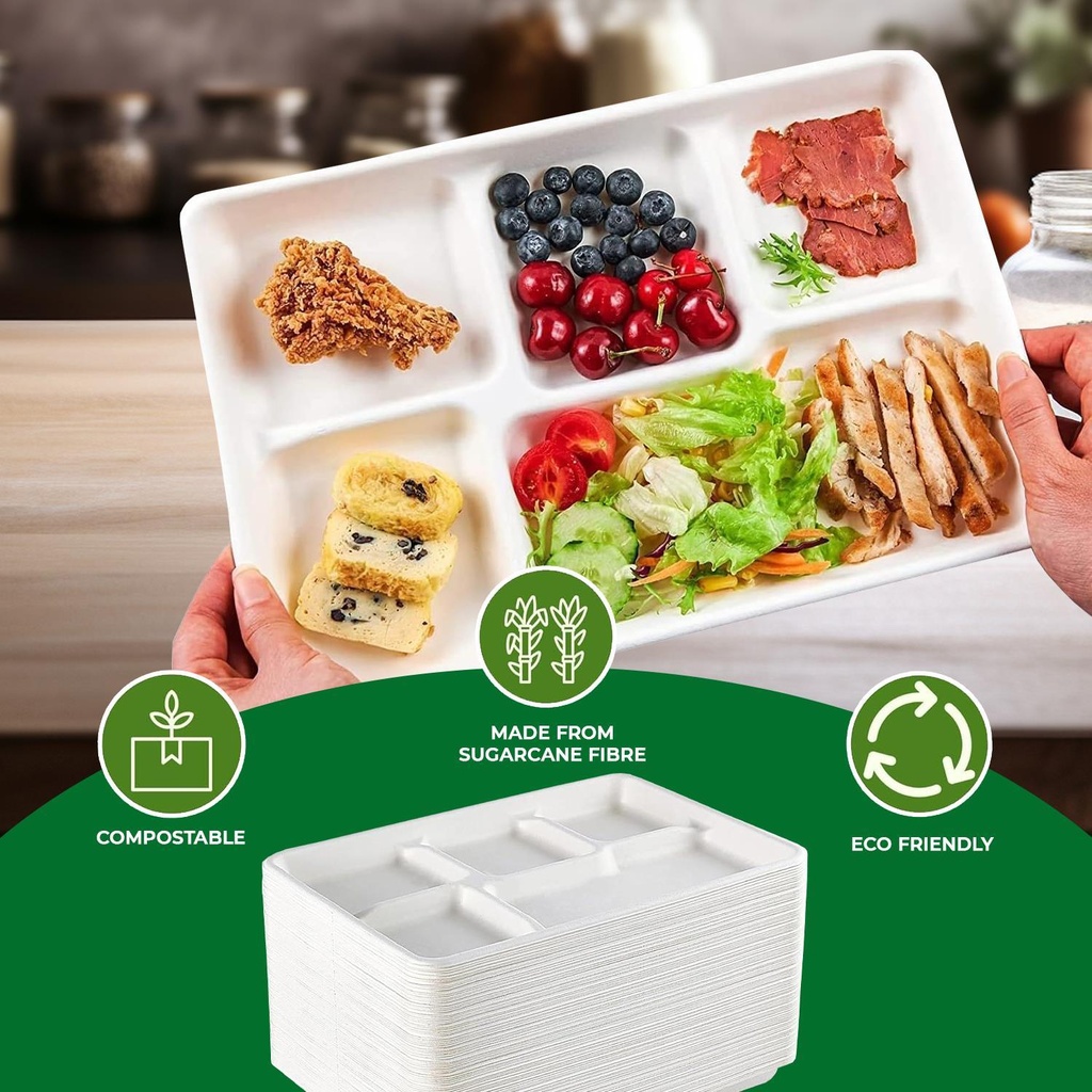 100 X BAGASSE 5 Compartment FOOD PLAT TRAY - 27 X 22CM