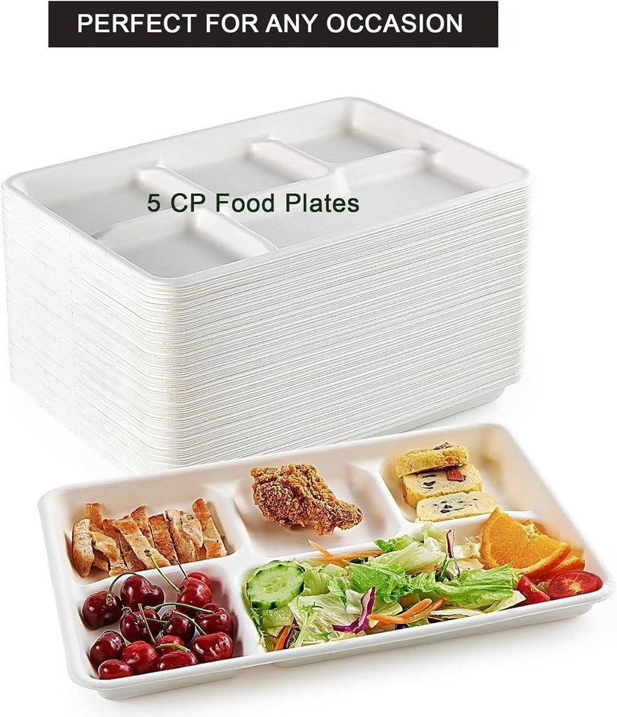 100 X BAGASSE 5 Compartment FOOD PLAT TRAY - 27 X 22CM