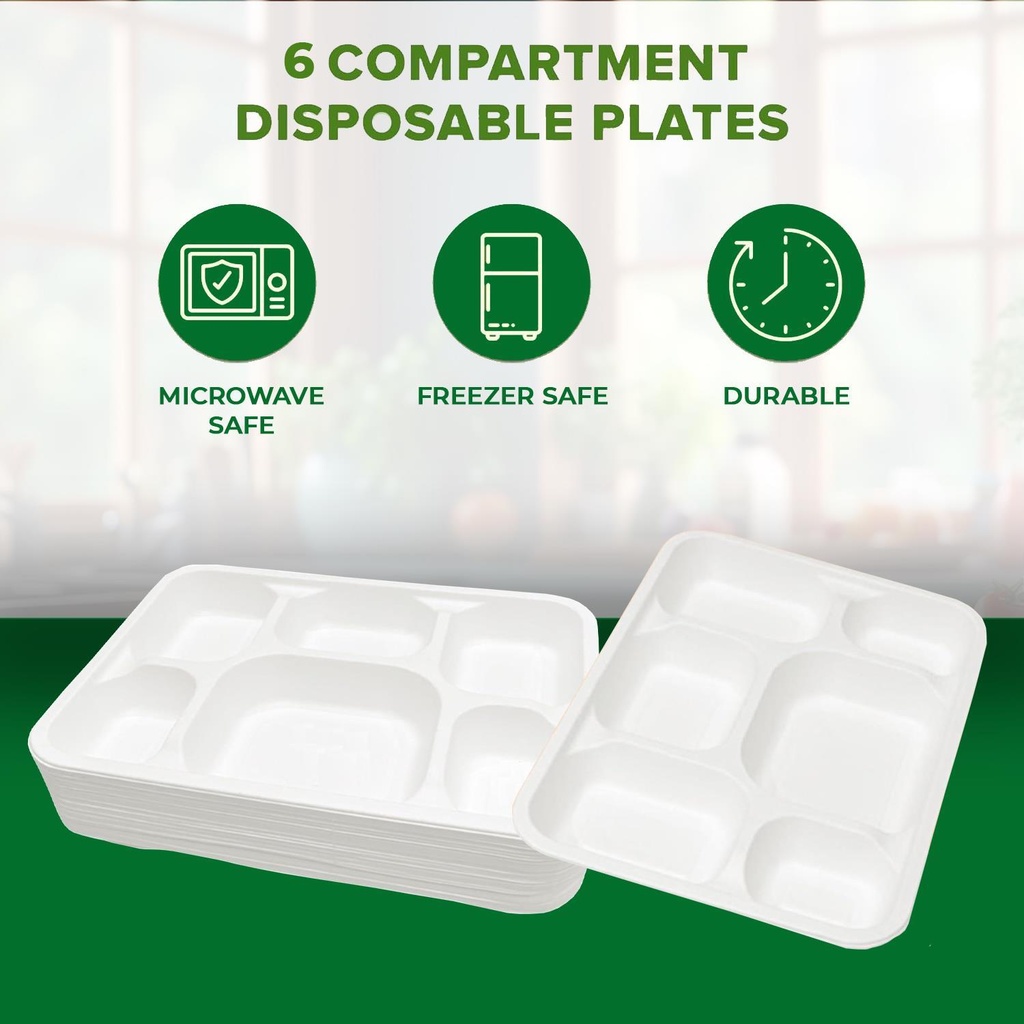 100 X Bagasse 6 Compartment Food Tray PLATE