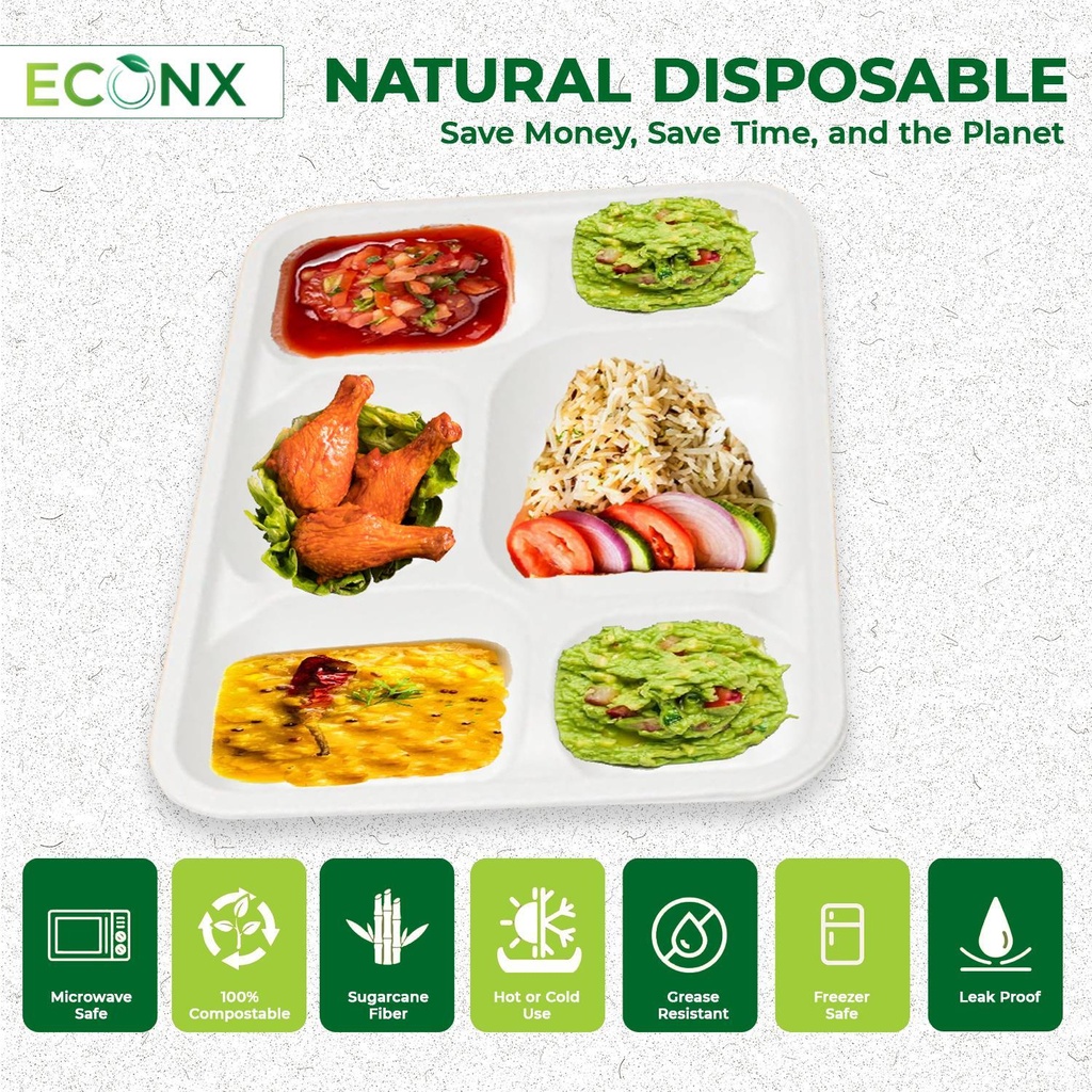 100 X Bagasse 6 Compartment Food Tray PLATE