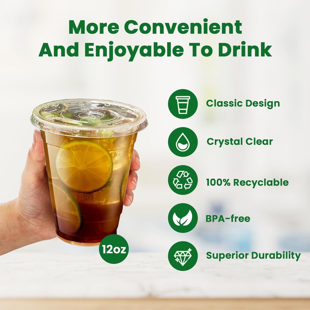 100 X Clear Smoothie Cup PET 342ml/12oz with Clear Flat Lid (98mm)