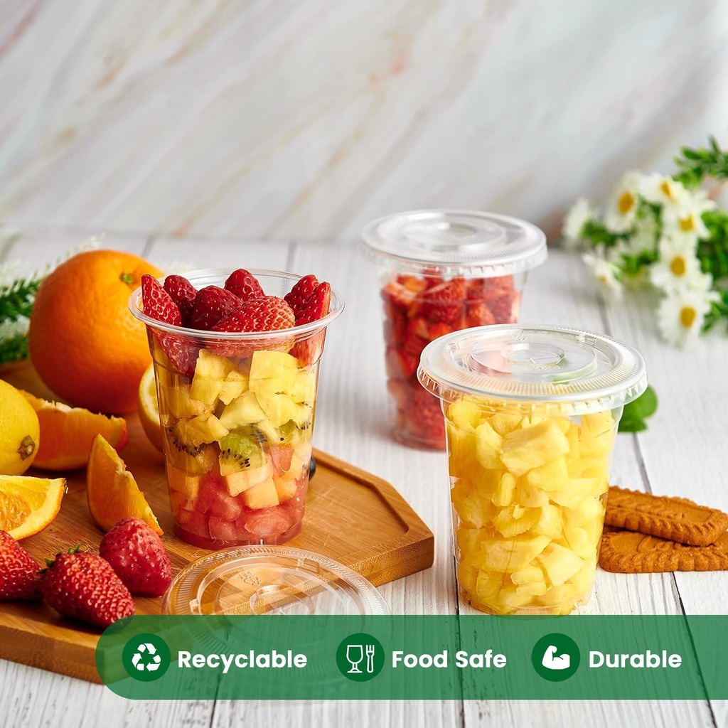 100 X Clear Smoothie Cup PET 342ml/12oz with Clear Flat Lid (98mm)