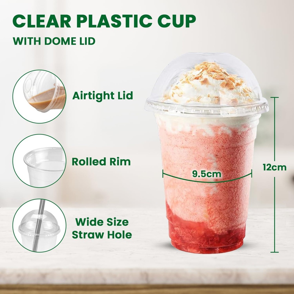 100 x HRD-CLEAR SMOOTHIE CUP-473ML/16Oz With CLEAR DOME LID WITH HOLE-98mm