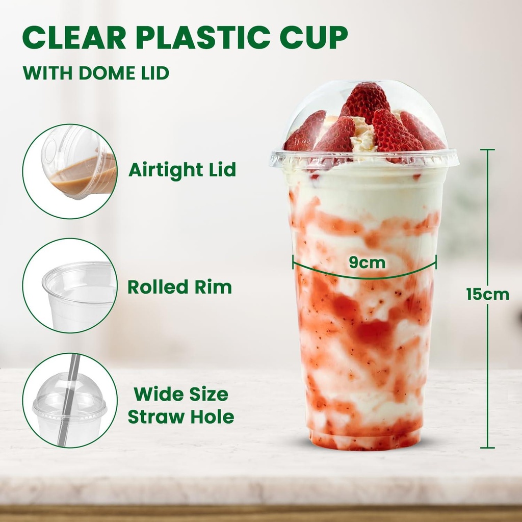 100 x HRD-CLEAR SMOOTHIE CUP-591ML/20oz With CLEAR DOME LID WITH HOLE-98mm