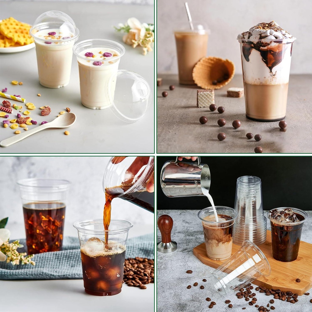 100 x HRD-CLESR SMOOTHIE CUP -240ml/8oz With CLEAR DOME LID WITH HOLE-78mm