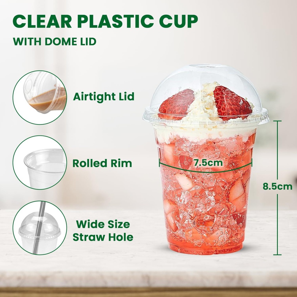 100 x HRD-CLESR SMOOTHIE CUP -240ml/8oz With CLEAR DOME LID WITH HOLE-78mm