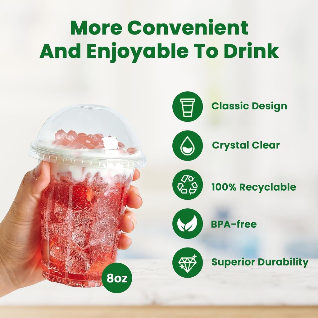 100 x HRD-CLESR SMOOTHIE CUP -240ml/8oz With CLEAR DOME LID WITH HOLE-78mm