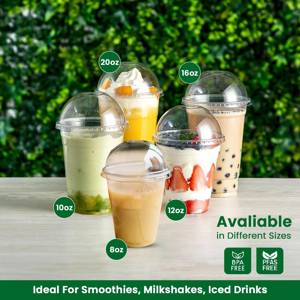 100 x HRD-CLESR SMOOTHIE CUP -240ml/8oz With CLEAR DOME LID WITH HOLE-78mm