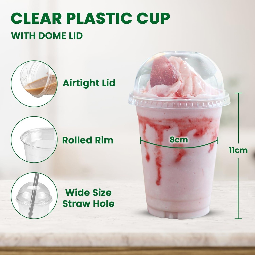 100 x HRD-CLESR SMOOTHIE CUP-295ml/10oz With CLEAR DOME LID WITH HOLE-78mm